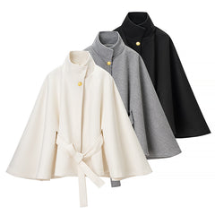 Elegant High-Collar Wool Blend Cape with Tie Belt